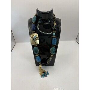 Chico’s  Chunky Blue And Green Glass Beads With Brass Rectangle Beaded Lizard